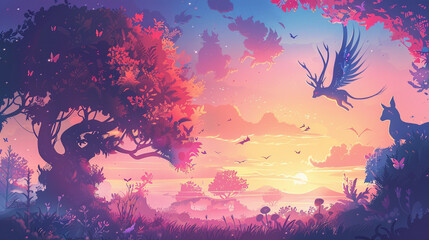 Develop a whimsical fairytale illustration with magical creatures frolicking amidst the colorful sunset gradient.