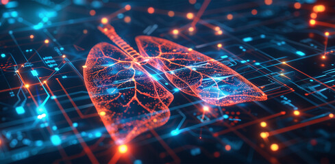 Digital technology background with a hologram of human lungs and medical symbols