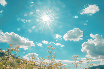 Obraz premium Bright sunlight shining over a meadow with scattered clouds on a clear day