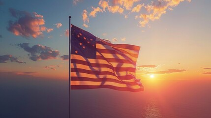 Liberty in the Sky: USA National Flag Waving at Sunset as AI-Generated Banner for Celebrating Independence Day
