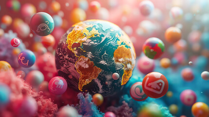 A digital painting of a planet earth with social media icons floating around it. - Powered by Adobe