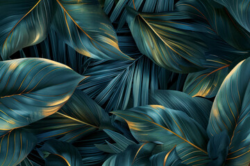 Tropical leaves wall art design with dark blue and green color, shiny golden light texture.
