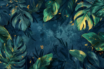 Tropical leaves wall art design with dark blue and green color, shiny golden light texture.