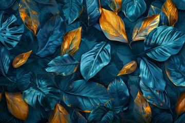Tropical leaves wall art design with dark blue and green color, shiny golden light texture.
