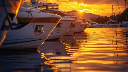 Row of sleek private boats moored in a tranquil harbor as the golden hour light bathes the scene in a warm glow