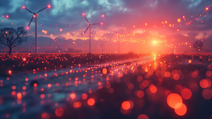 A field of wind turbines at sunset with a road in the foreground and a tree on the left. The sky is a gradient of orange and blue with a few clouds. There is a lens flare from the sun on the right. Th - obrazy, fototapety, plakaty