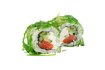 Sushi roll on a white background with Philadelphia cheese, salmon and green seaweed.