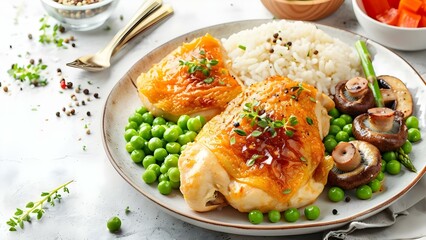 Classic Chicken Fricassee with Mushrooms, Peas, Asparagus, and Rice. Concept Delicious Dinner, Chicken Recipe, Classic Dish, Comfort Food, Homemade Meal