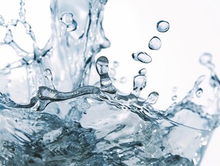 Dynamic water splash with droplets suspended in air against a clean background, symbolizing purity and freshness. - obrazy, fototapety, plakaty