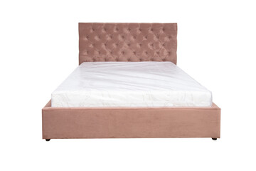 Double bed with soft headboard. Cushioned furniture.