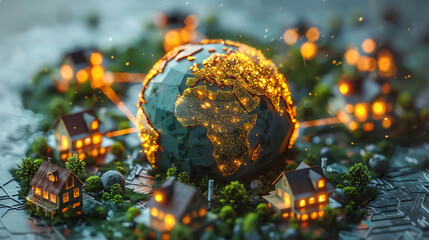 A glowing globe of the earth surrounded by tiny houses.
