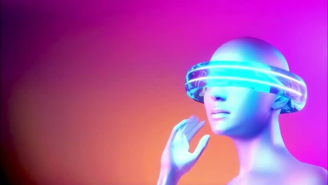 Futuristic humanoid robot with a glowing, holographic visor in vibrant pink and blue hues, symbolizing advanced technology and virtual reality