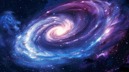 Craft a stunning, photorealistic digital illustration of a spiral galaxy, prominently displaying vibrant hues of blue, purple, and pink, with swirling nebulae and twinkling stars in high detail