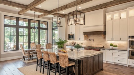 Luxurious Traditional Kitchen with Hardwood Floors, Wood Beams, and Quartz Counters in Beautiful New Home Featuring Farmhouse Sink and Elegant Pendant Lights