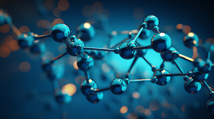 3D model of a blue molecule structure on a dark background, intricate bonds and atoms highlighted