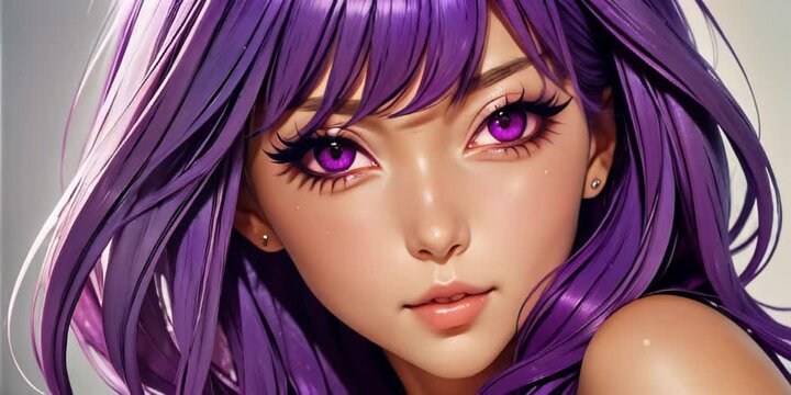 Close-up portrait of nice anime girl with purple hair and eyes, smiling winking at camera
