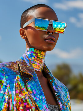 Edles Model Gesicht mit Glitzer Retro Look undausgefallener Sonnenbrille als Poster Nahaufnahme