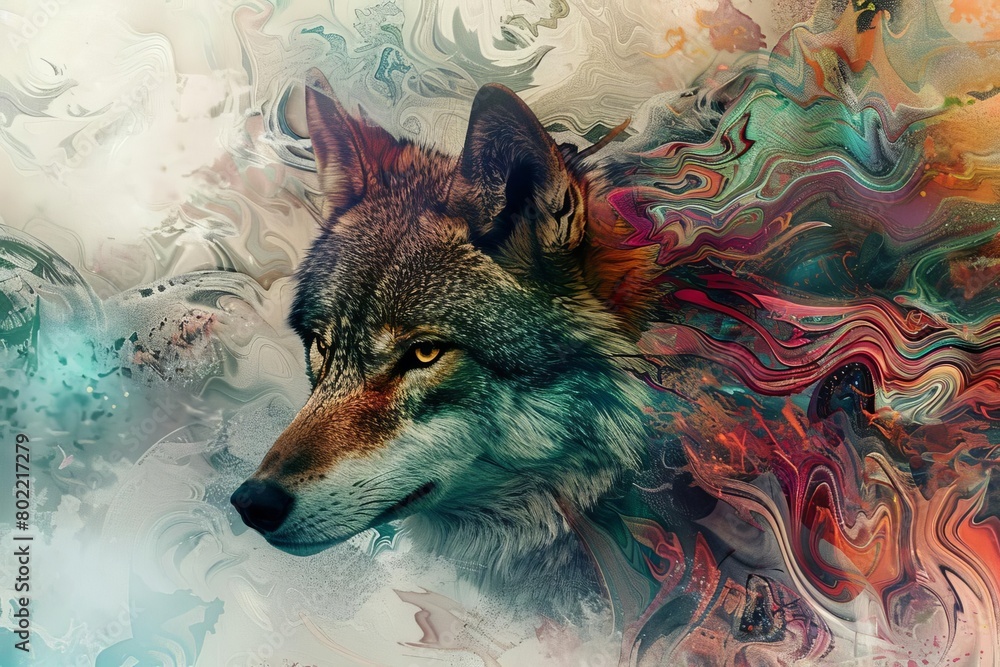 Fototapete craft a surreal interpretation of a tilted angle wolf, infusing elements of fantasy and mystique exp