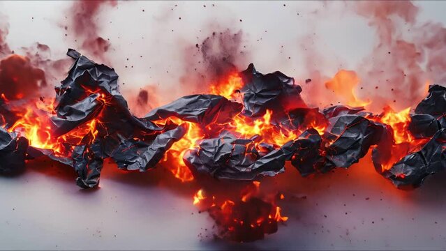 Smoldering paper with embers and flames, set on a clean white background