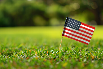 Small American flag on the green grass for Memorial Day background. Generative AI