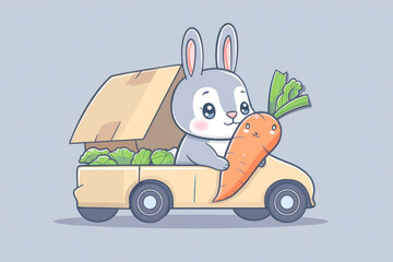 Bunny rabbit drives a car delivery carrot.