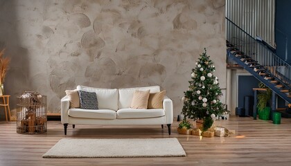 Loft interior design of modern living room, home. Studio apartment with white sofa against concrete wall.