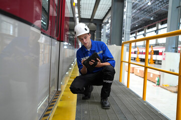 Electric train technician engineer checking controls system for security functions in maintenance infrastructure plant of sky train, public transportation vehicle,Teamwork management concept. - obrazy, fototapety, plakaty