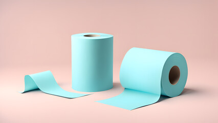 Two blue toilet paper rolls are placed on a pink background