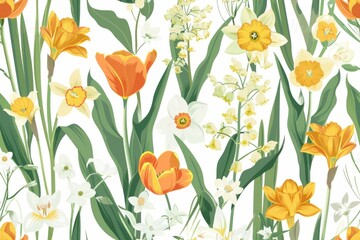Spring floral pattern with yellow and orange tulips and daffodils on white background in seamless design concept