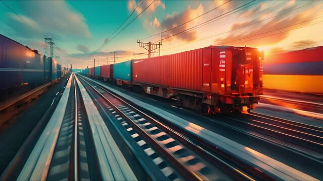 Industrial freight train in motion, filled with containers, representing supply chain efficiency