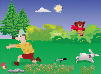 Comic vector illustration of a hunter in the forest who runs away when he sees a teddy bear.