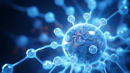 Blue nanomolecule structure rotating in 3D space, high detail visualization, scientific research concept