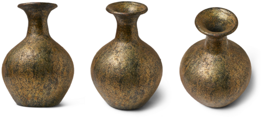 gold color rustic old style hand painted clay pot or vase isolated white background, decorative empty terracotta earthenware close-up view, multiple image container in different angles