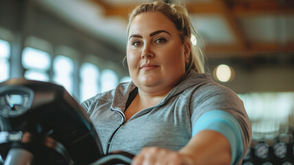 A fat woman works out at the gym, close up