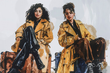 Two beautiful models of brunettes in beige cloaks and black boots are on suitcases, against the background of soft watercolor stucks in light -brown shades. A fashionable illustration with soft light.