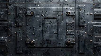 Dark grey sci-fi wall texture, with rectangular panels and different shapes of futuristic technology elements, in the style of sci-fi game concept art