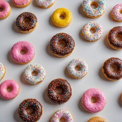 Lay flat of Freshly Glazed Doughnuts With Colorful Sprinkles on a White Table