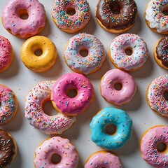 Lay flat of Freshly Glazed Doughnuts With Colorful Sprinkles on a White Table