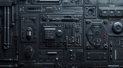 Fototapeta premium Dark grey sci-fi wall texture, with rectangular panels and different shapes of futuristic technology elements, in the style of sci-fi game concept art