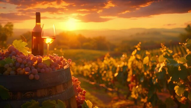Wine setup in vineyard at sunset, glasses and bottle on barrel, serene and inviting