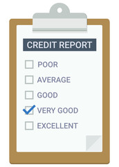 Clipboard with a page of a credit report with check box checked on very good in a flat design style (cut out)
