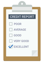 Clipboard with a page of a credit report with check box checked on excellent in a flat design style (cut out)