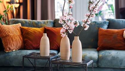 Art deco, shabby chic interior design of modern living room, home. Close up of ceramic vases with blossom branch against sofa.