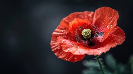 Symbolic Stylized Red Poppy for Remembrance, Armistice, and ANZAC Day on Black Background