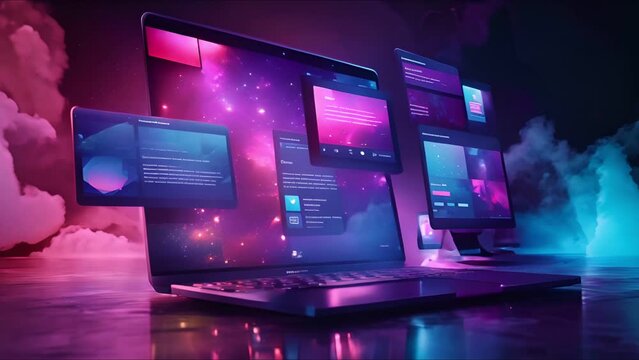 Visual explosion of progressive web app screens from laptop to mobile, showcasing adaptability