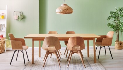 Wooden dining table and chairs against green wall. Scandinavian, mid-century home interior design of modern dining room.