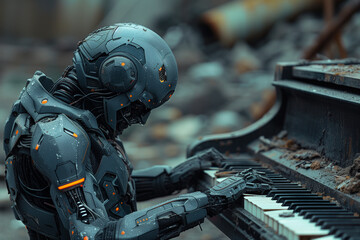 A robot is playing an abandoned piano