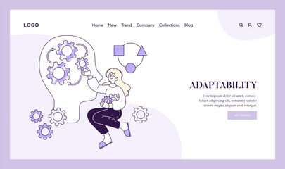 Illustration of a woman fitting gears into a head silhouette, depicting the skill of adapting to new challenges and solutions