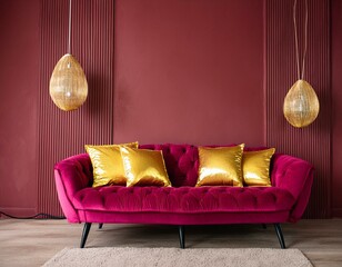 Art deco interior design of modern living room, home. Crimson sofa with golden pillows against empty dark red venetian stucco wall with copy space.