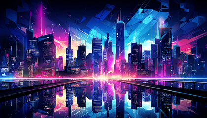 Modern cityscape with neon light effects in vector format, urban hightech architecture, futuristic...